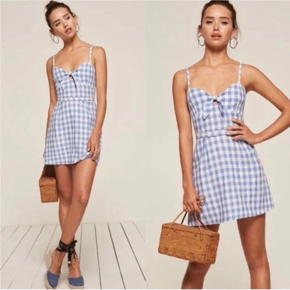 Reformation Beliz Gingham Mini Dress Tie Front Blue White Small 4